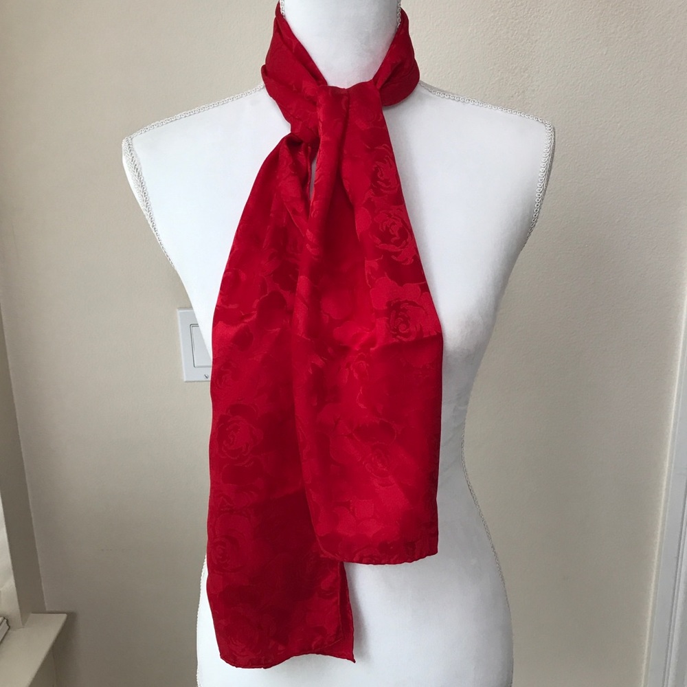 Red 100% Silk Scarf Tone-on-tone Floral Pattern